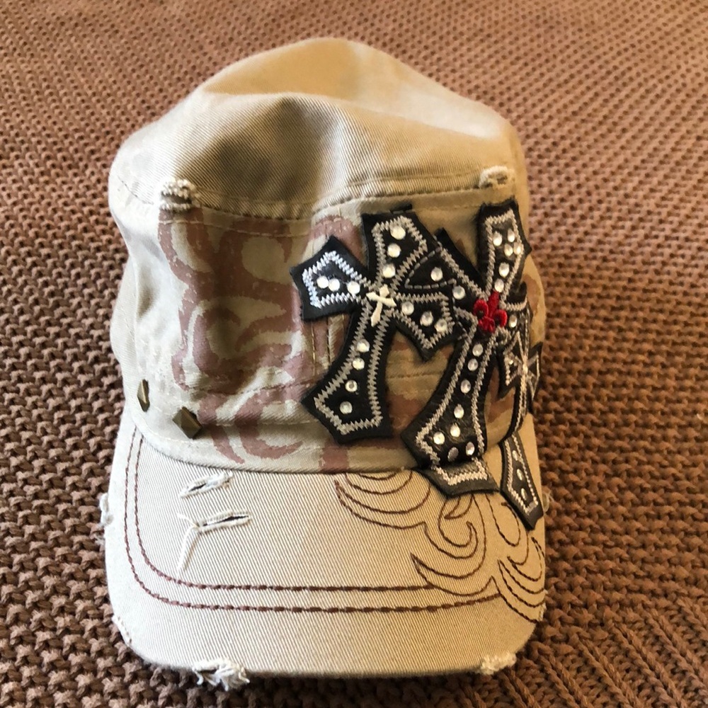 Tan Cap with Cross Embroidery